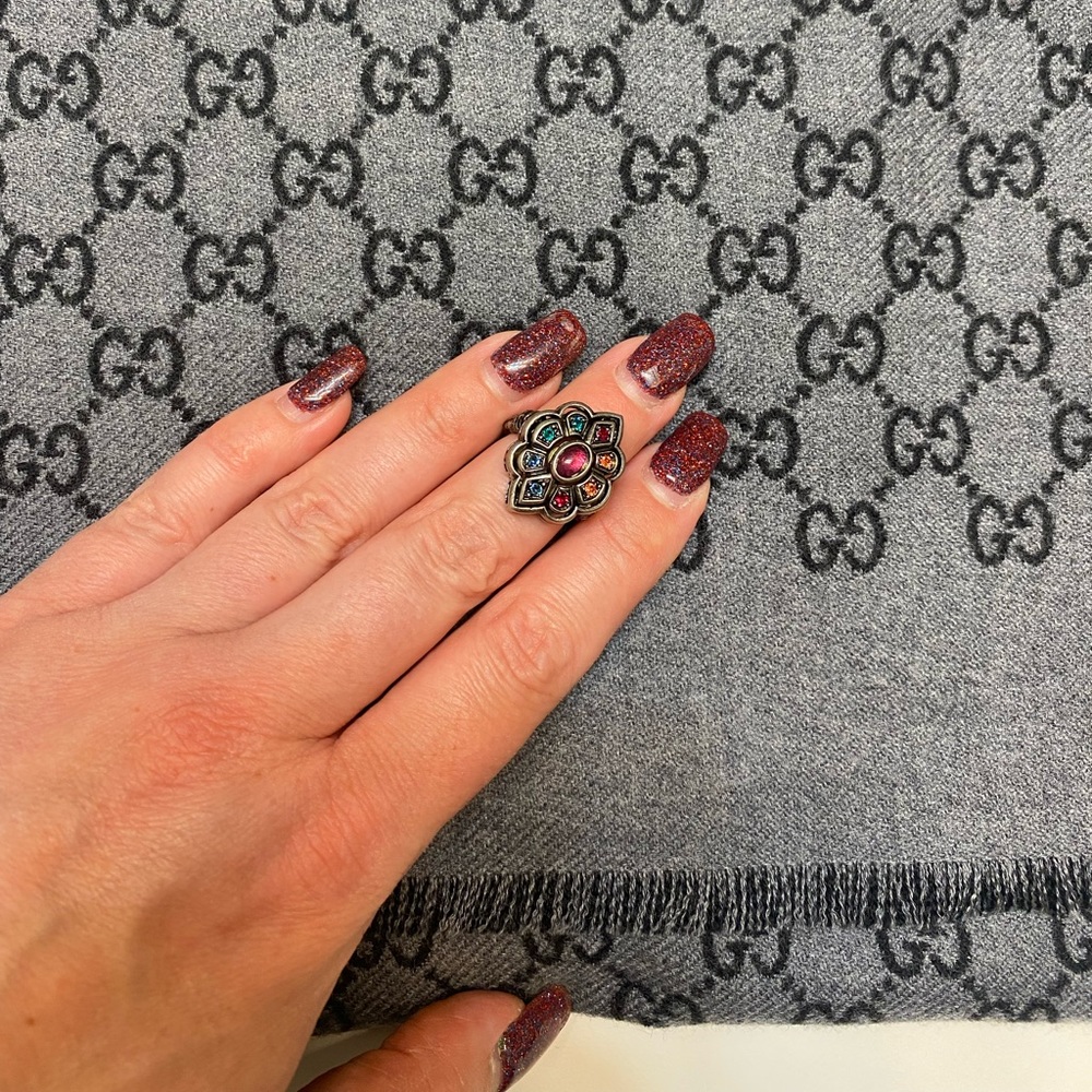 GUCCI Bejeweled Gripoix Ruthenium Sterling Silver Crystal Resin Ring Any Size